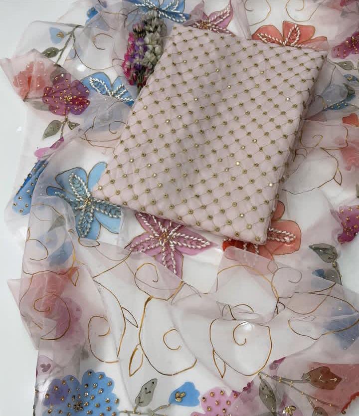 Organza Pani Mirror Work | Unstitched Shirt Dupatta 2 Piece