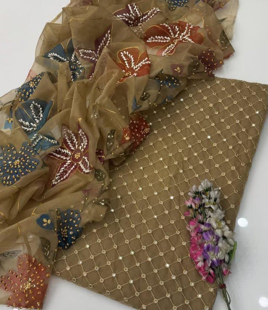Organza Pani Mirror Work | Unstitched Shirt Dupatta 2 Piece