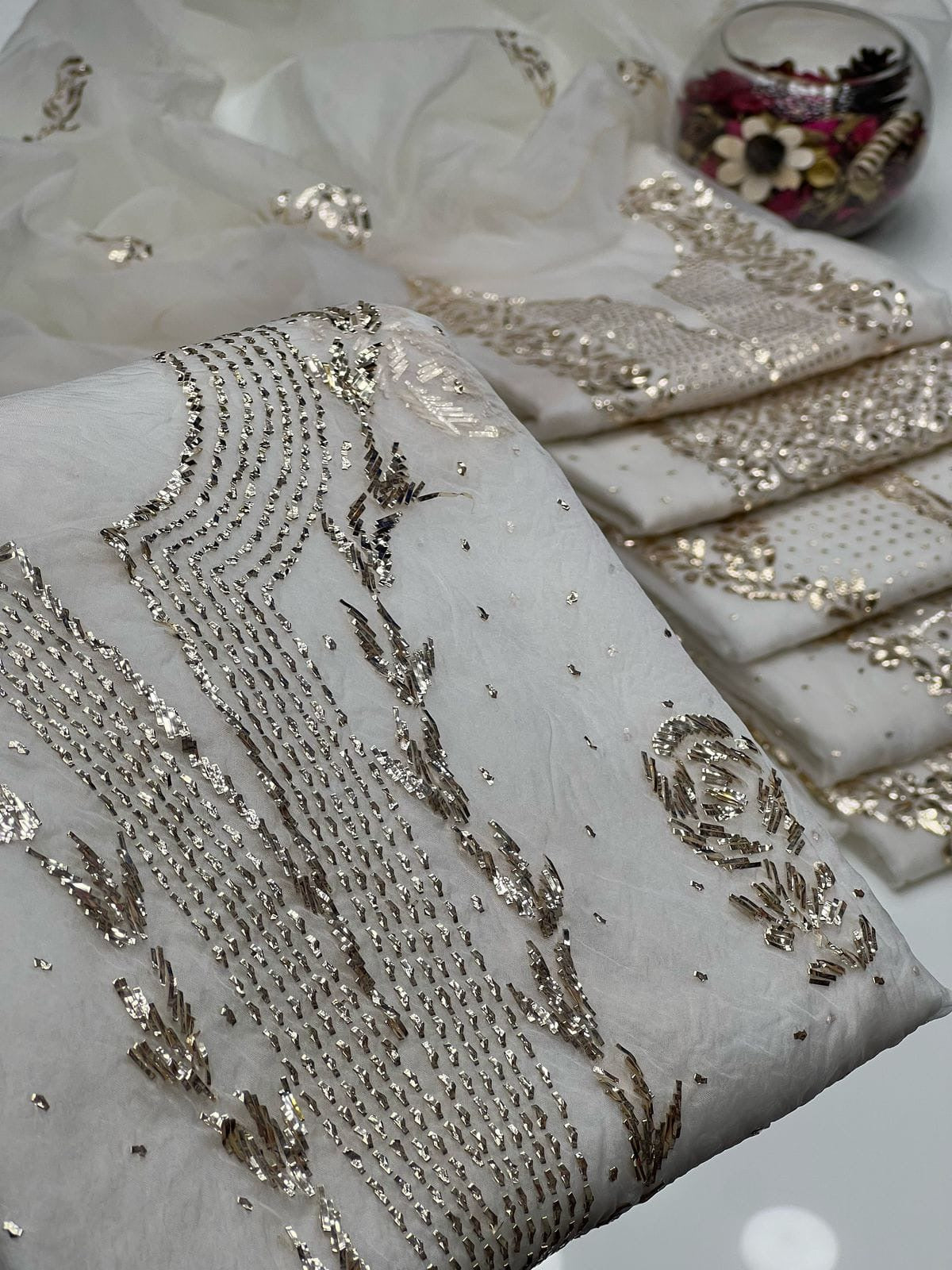 Golden Mukesh Organza ( Dyeable ) | Unstitched 2 Piece