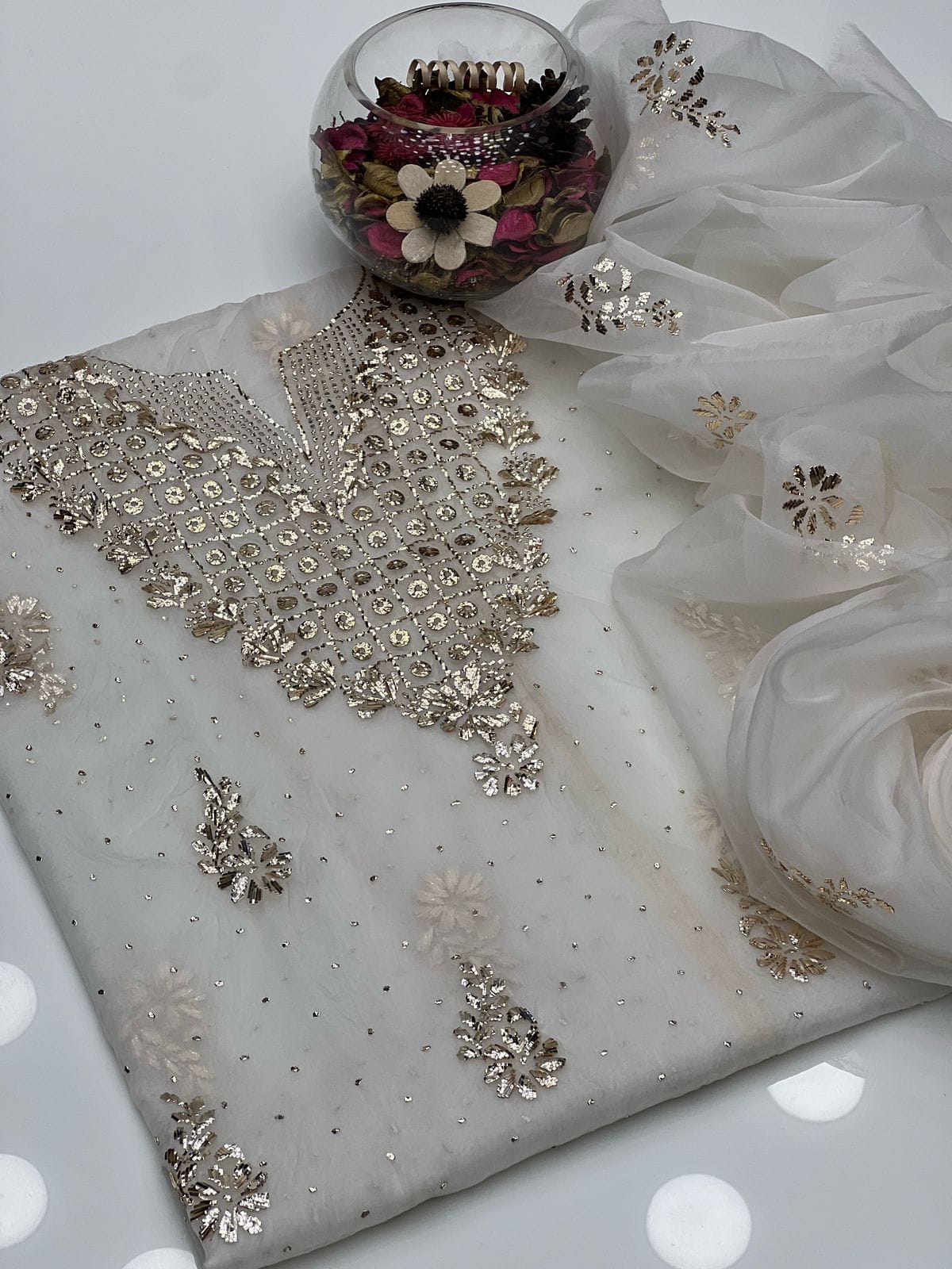 Golden Mukesh Organza ( Dyeable ) | Unstitched 2 Piece