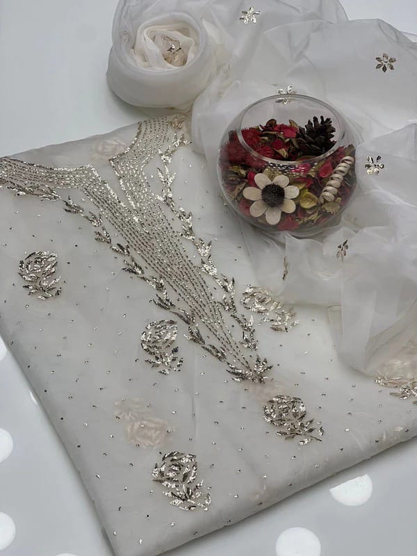 Golden Mukesh Organza ( Dyeable ) | Unstitched 2 Piece