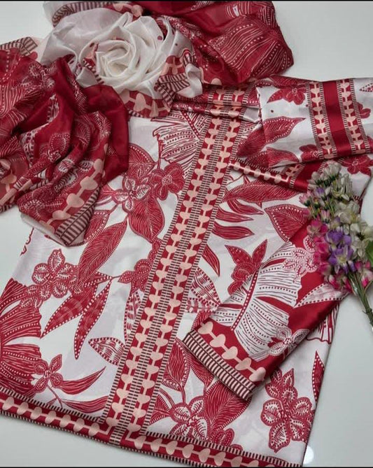 Printed Shamoz Silk | Unstitched Shirt Dupatta Trouser 3 Piece