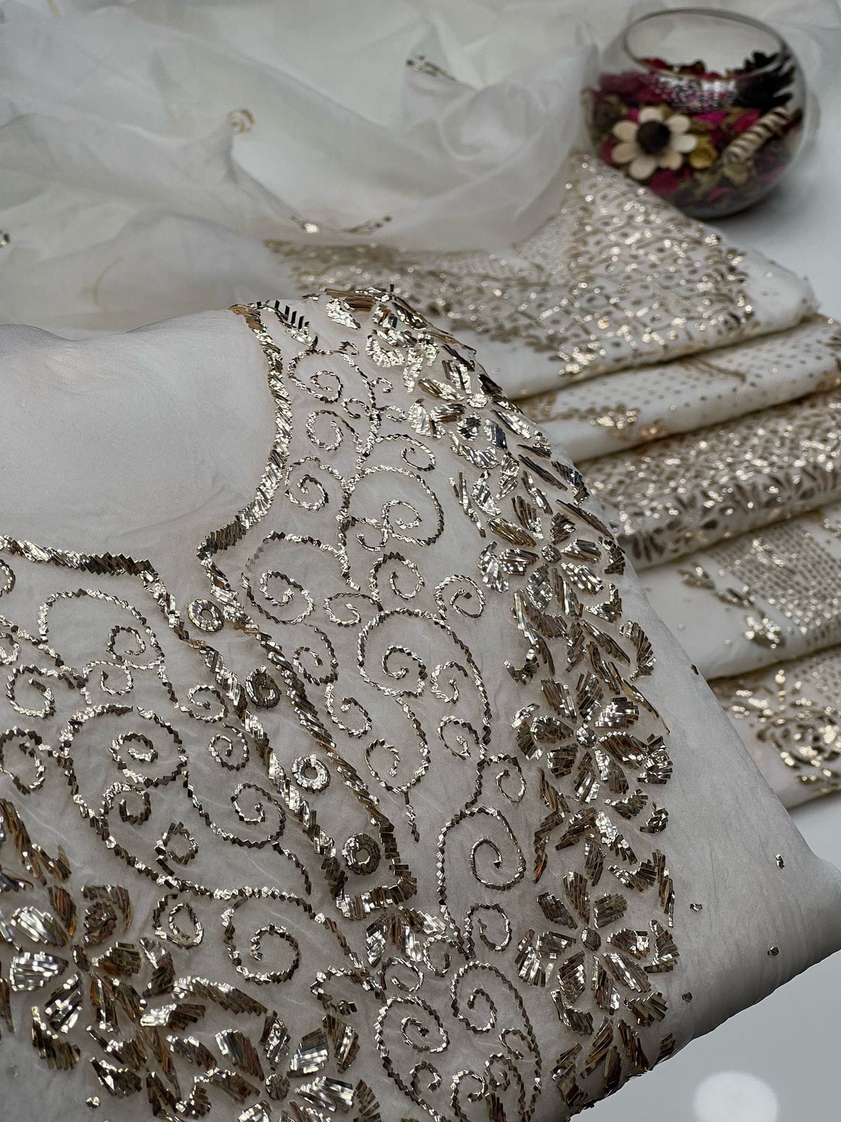Golden Mukesh Organza ( Dyeable ) | Unstitched 2 Piece