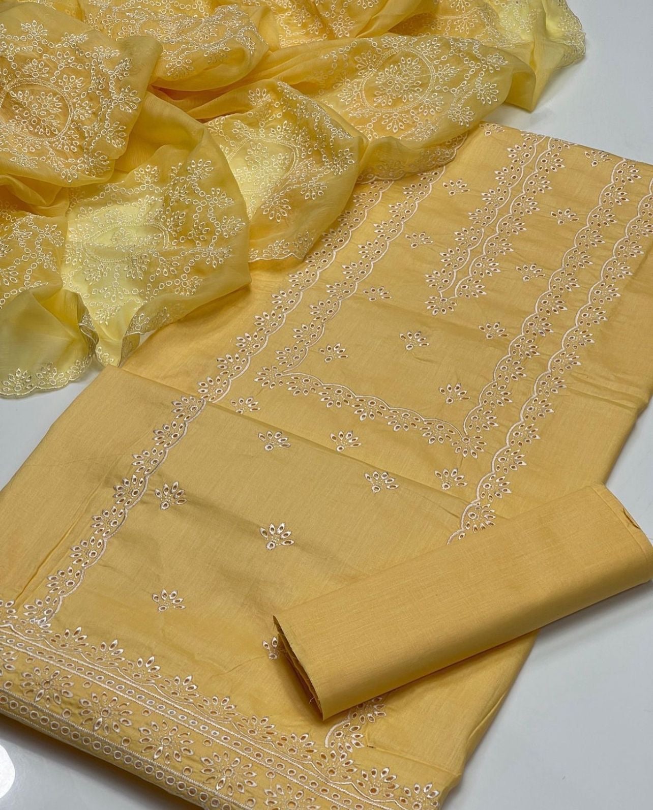 Cutt Work Embroidery | Unstitched Shirt Dupatta Trouser 3 Piece