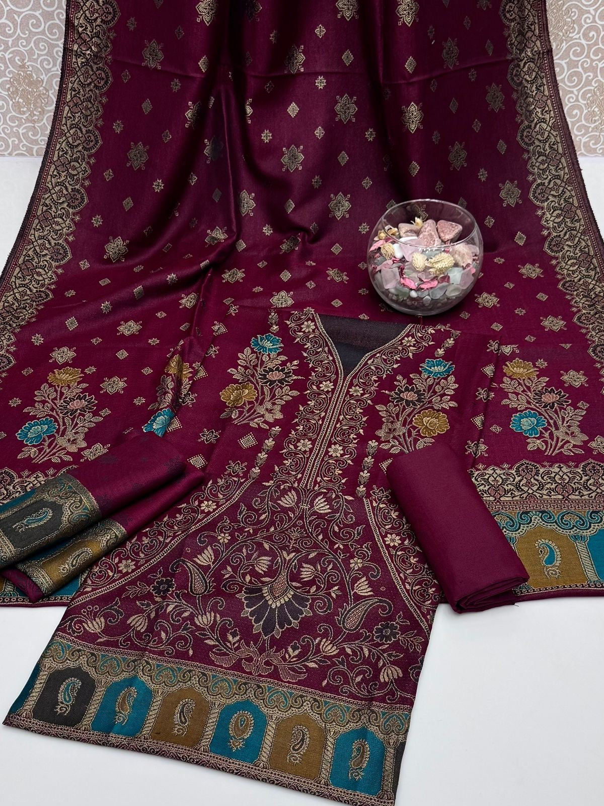 Pashmina Wool Jacquard | Unstitched Shirt Dupatta Trouser 3 Piece