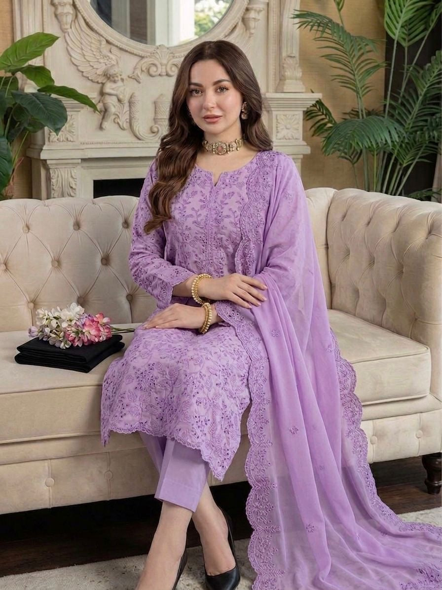 Shiffle Chicken Kari Work | Unstitched Shirt Dupatta Trouser 3 Piece