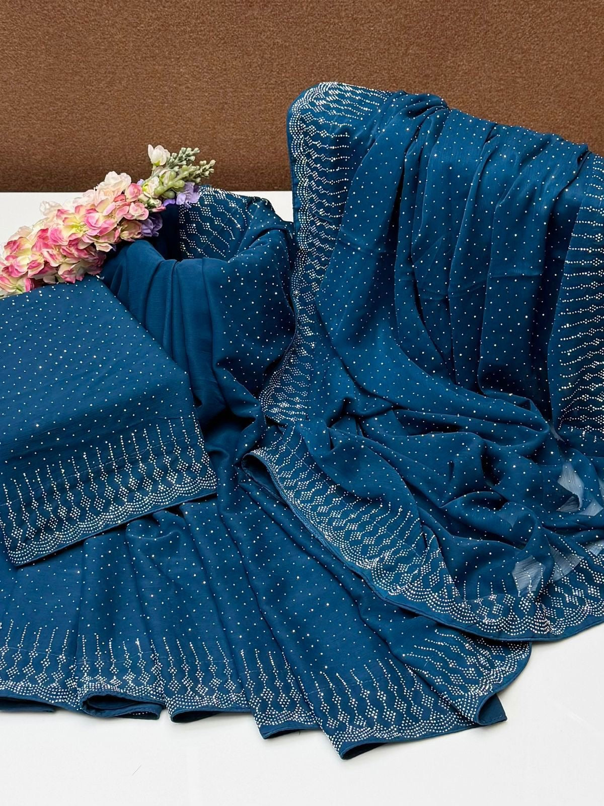 Sequence Pasting Stone Saree | Unstitched Blouse + Saree