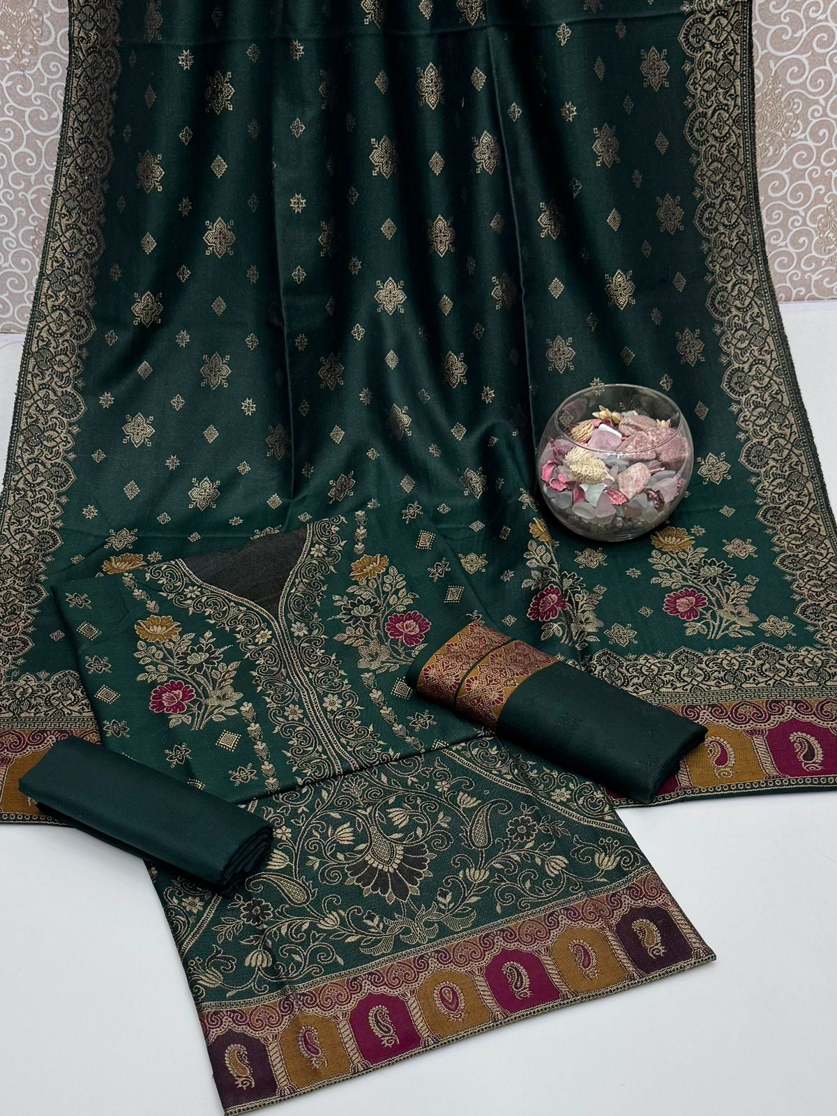 Pashmina Wool Jacquard | Unstitched Shirt Dupatta Trouser 3 Piece