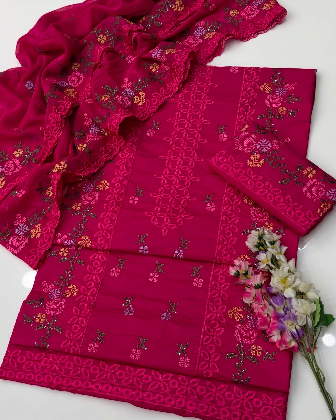 Cross Stitch & Chicken Kari Work | Unstitched Shirt Dupatta Trouser 3 Piece Dress