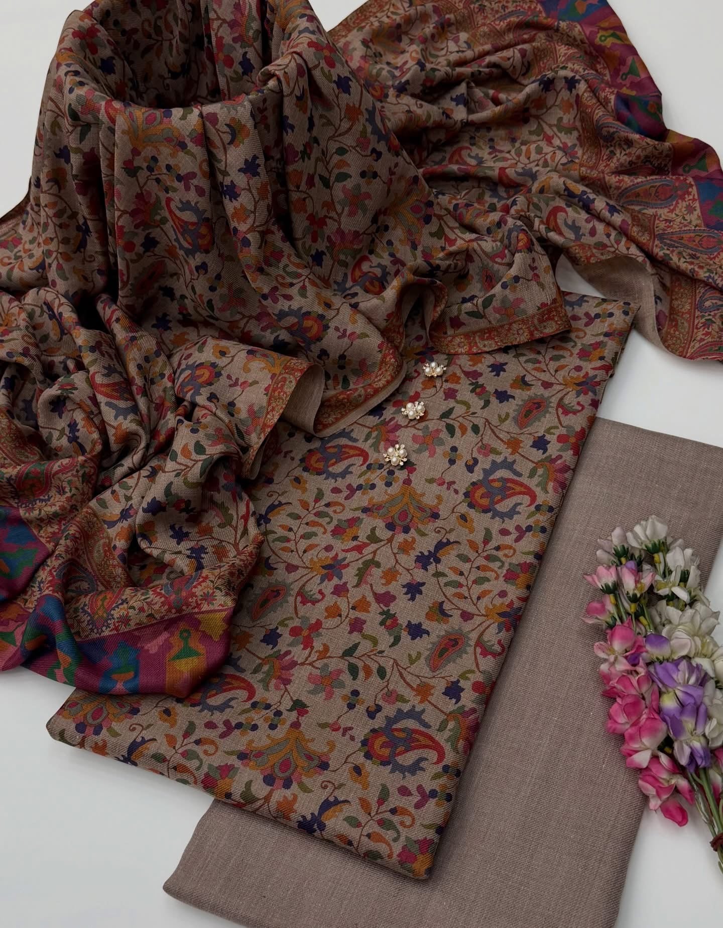 Pure Pashmina Wool | Unstitched Shirt Dupatta Trouser 3 Piece