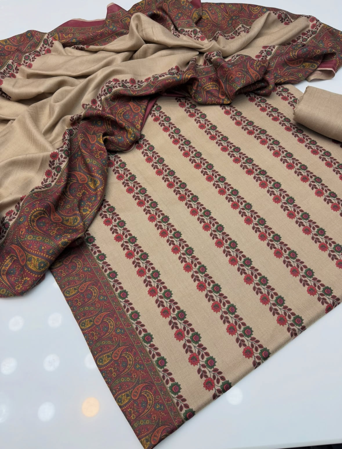 Pure Pashmina Wool | Unstitched Shirt Dupatta Trouser 3 Piece