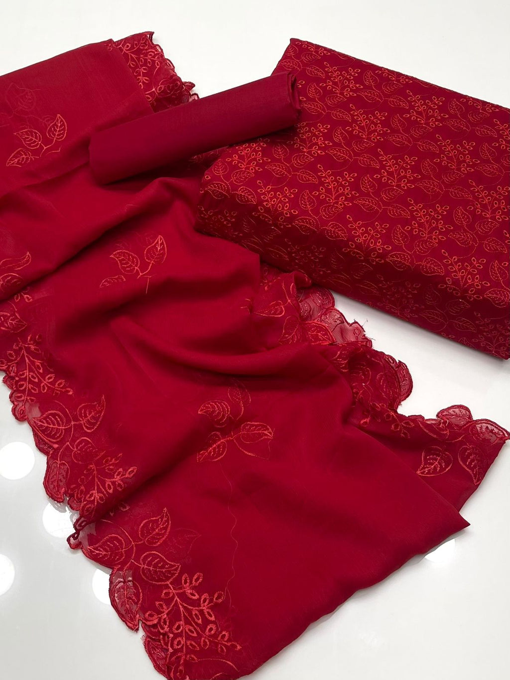 Shiffle Chicken Kari Work | Unstitched Shirt Dupatta Trouser 3 Piece
