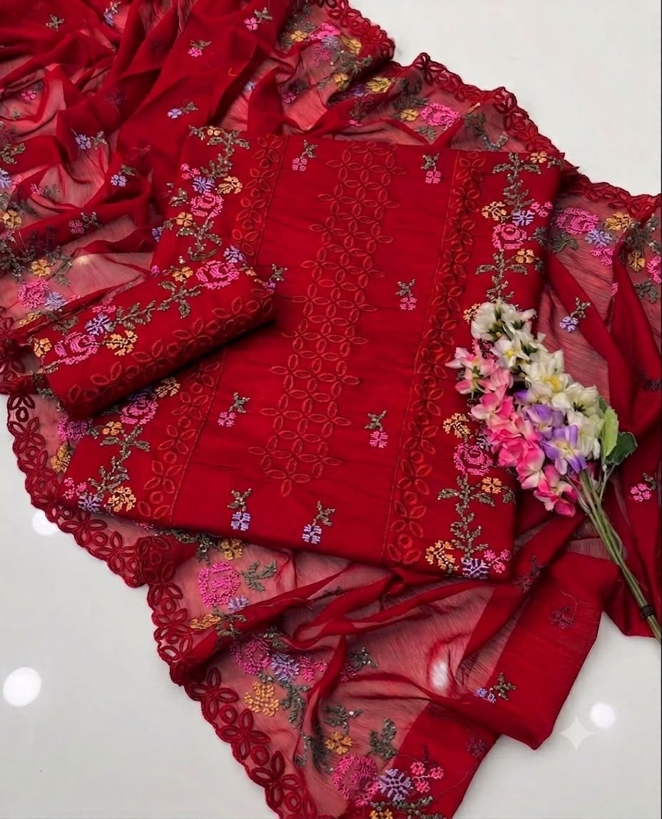 Cross Stitch & Chicken Kari Work | Unstitched Shirt Dupatta Trouser 3 Piece Dress