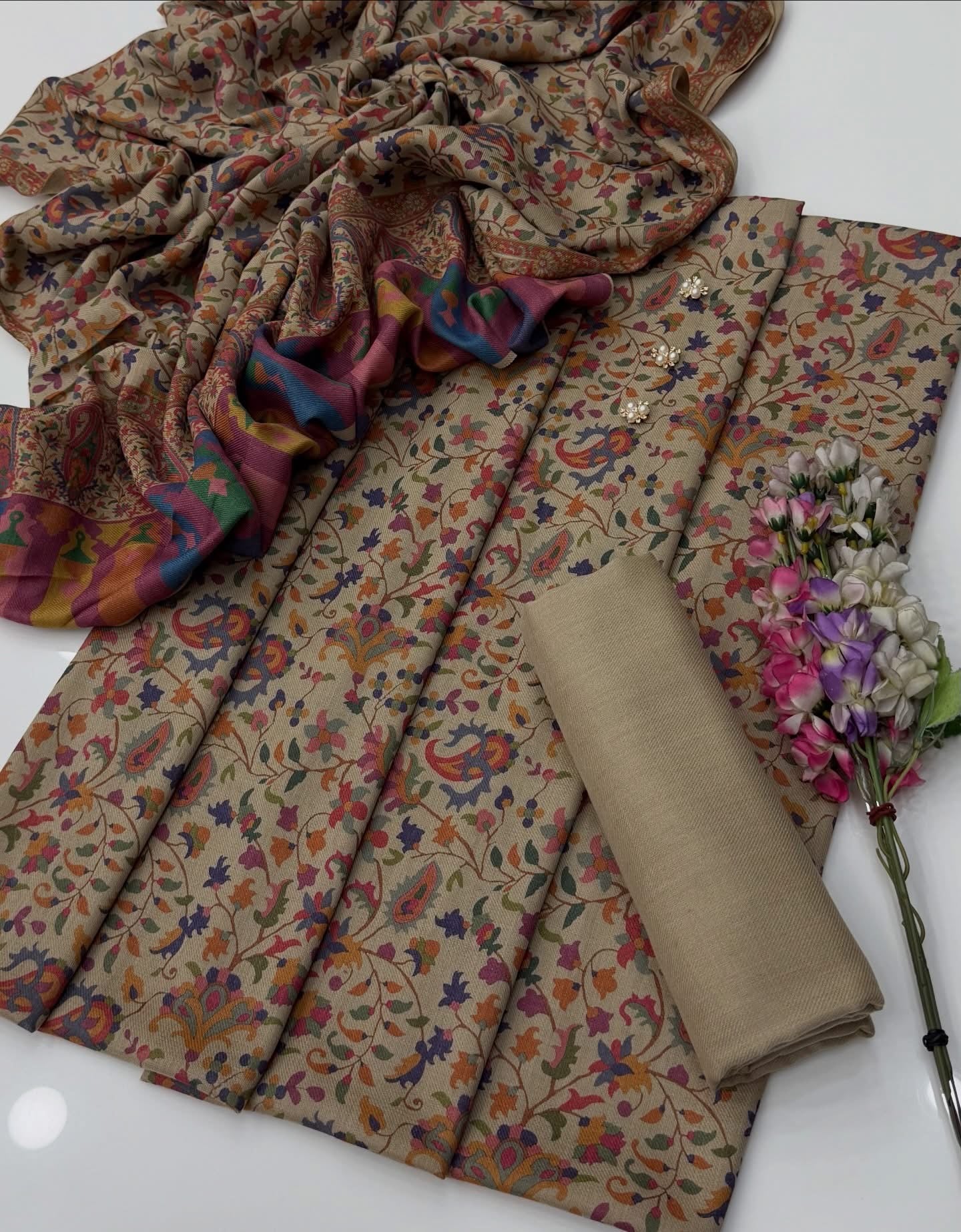 Pure Pashmina Wool | Unstitched Shirt Dupatta Trouser 3 Piece