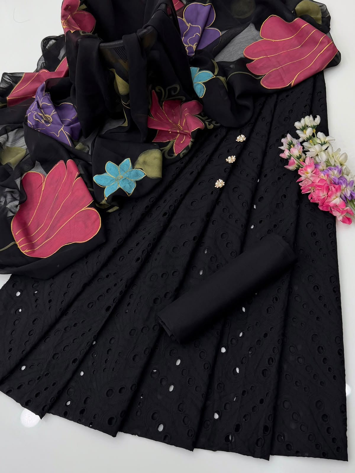 Black Chicken Kari | Unstitched Shirt Dupatta Trouser 3 Piece Dress