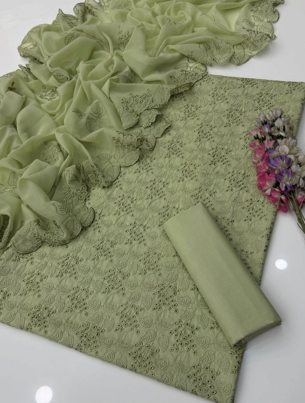 Shiffle Chicken Kari Work | Unstitched Shirt Dupatta Trouser 3 Piece