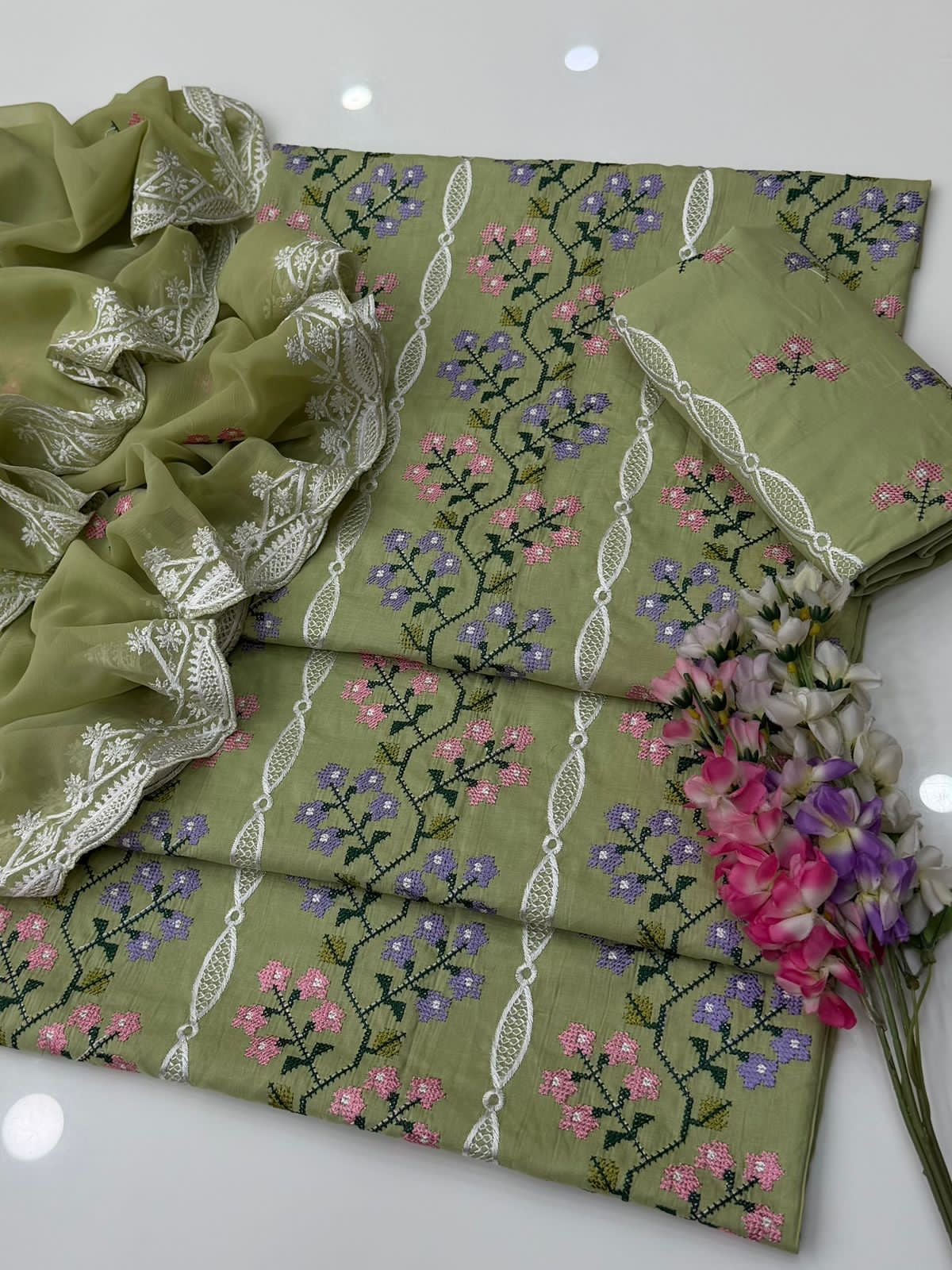 Trending Cross Stitch Embroidery | Unstitched Shirt Dupatta Trouser 3 Pc