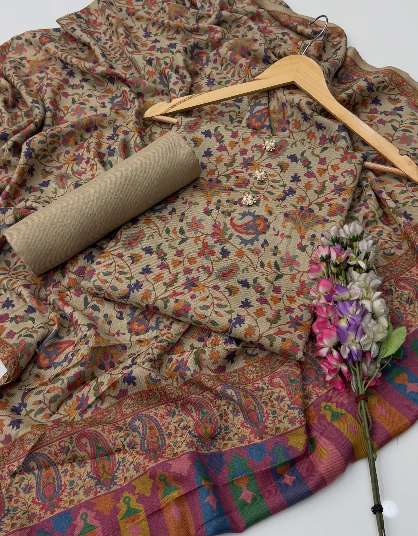 Pure Pashmina Wool | Unstitched Shirt Dupatta Trouser 3 Piece