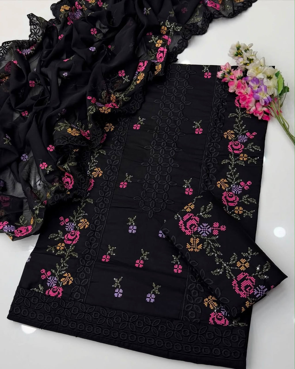 Cross Stitch & Chicken Kari Work | Unstitched Shirt Dupatta Trouser 3 Piece Dress