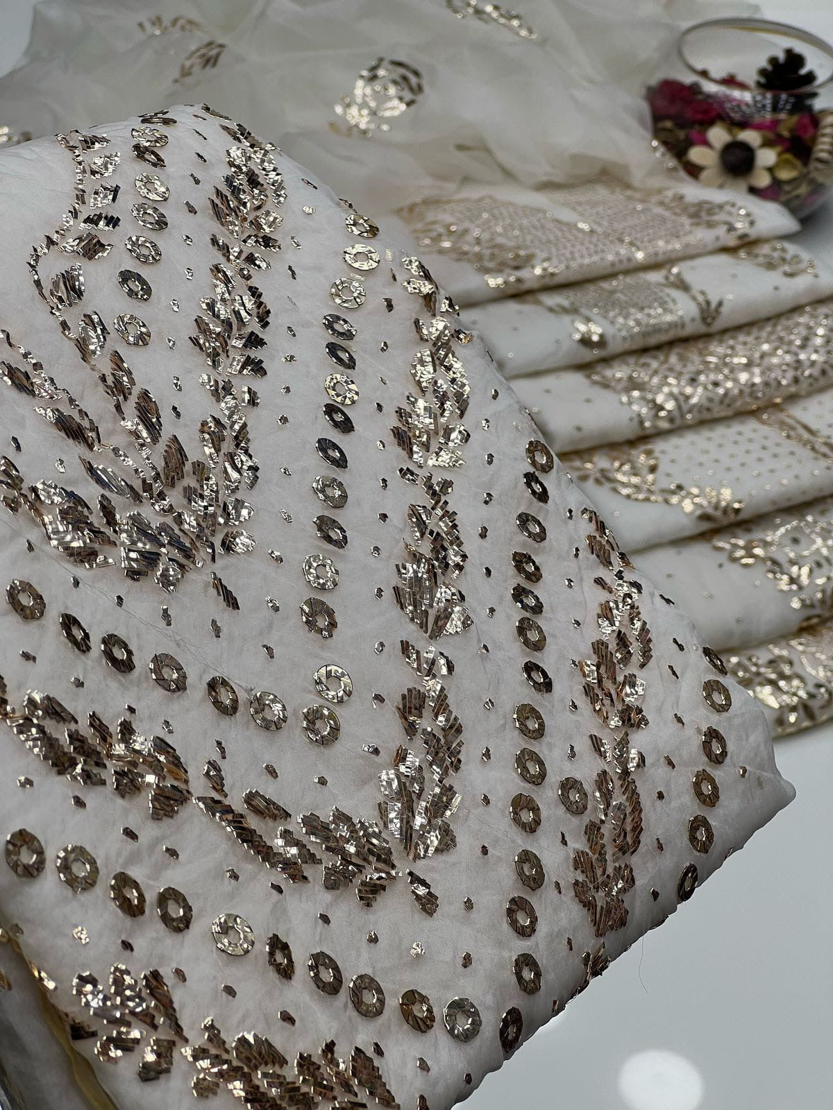 Golden Mukesh Organza ( Dyeable ) | Unstitched 2 Piece