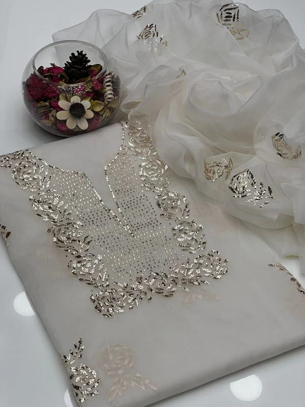 Golden Mukesh Organza ( Dyeable ) | Unstitched 2 Piece