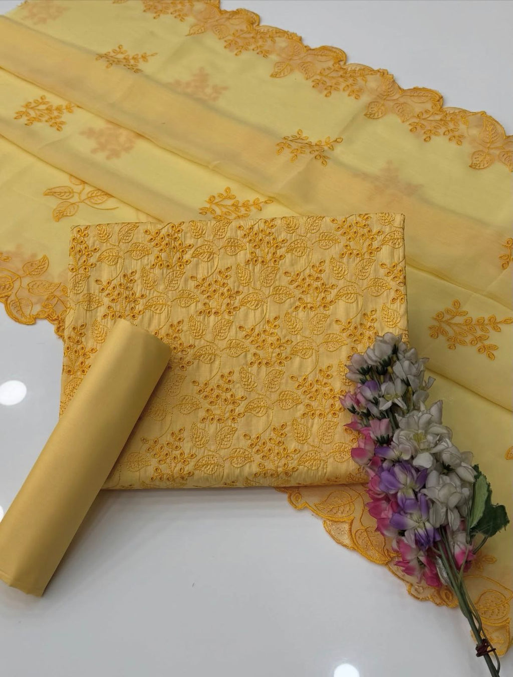 Shiffle Chicken Kari Work | Unstitched Shirt Dupatta Trouser 3 Piece