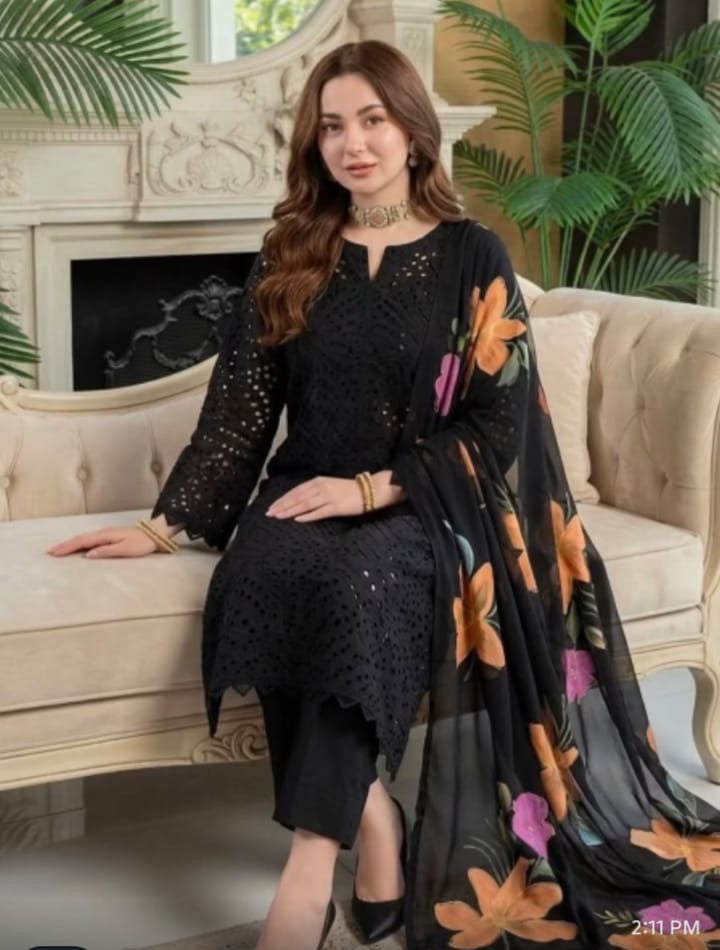 Black Chicken Kari | Unstitched Shirt Dupatta Trouser 3 Piece Dress