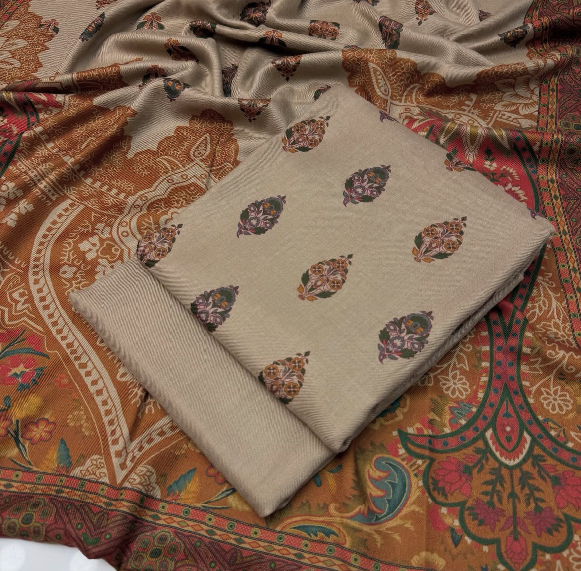 Pure Pashmina Wool | Unstitched Shirt Dupatta Trouser 3 Piece