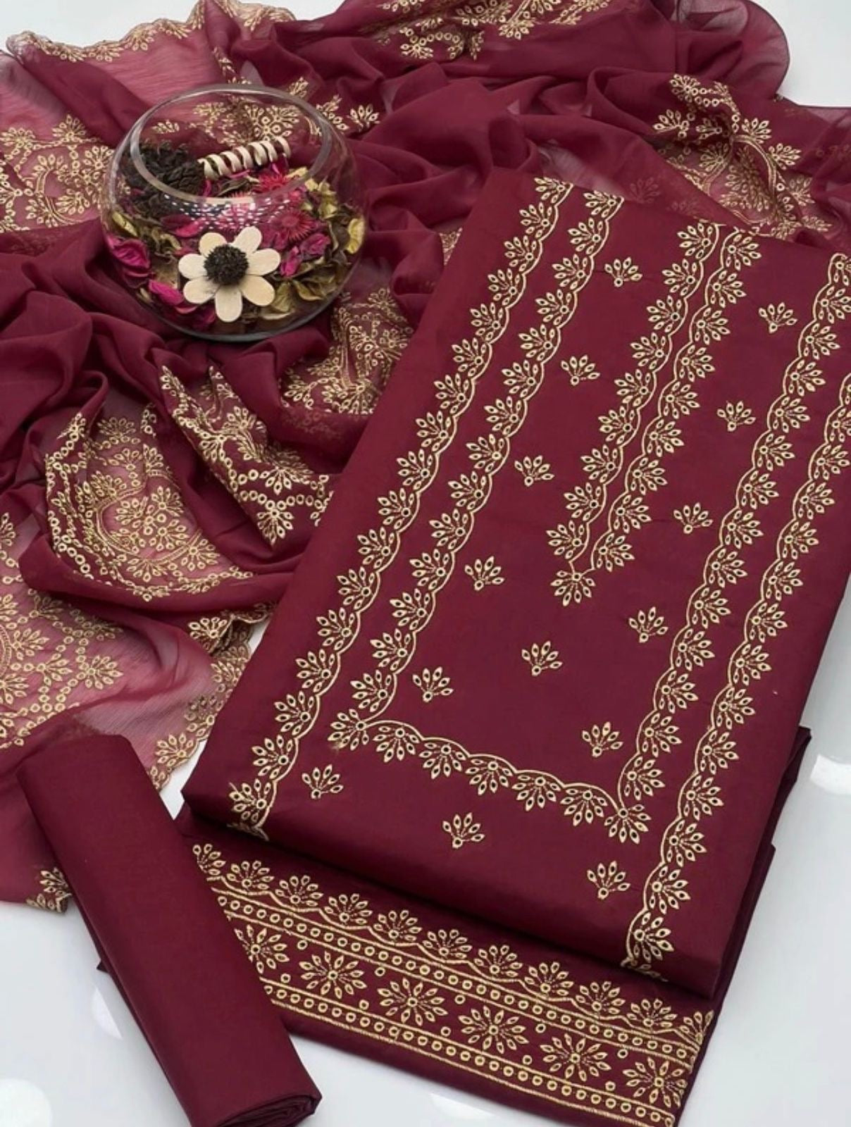 Cutt Work Embroidery | Unstitched Shirt Dupatta Trouser 3 Piece