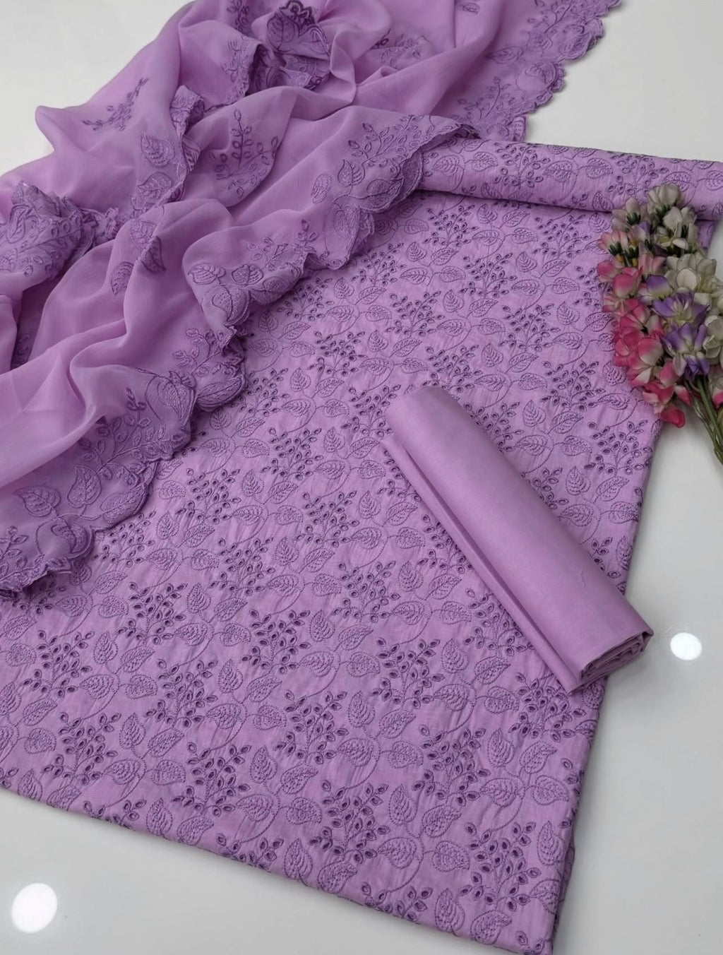 Shiffle Chicken Kari Work | Unstitched Shirt Dupatta Trouser 3 Piece