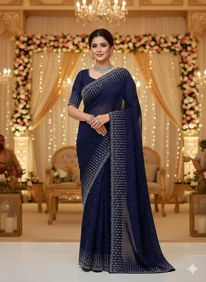 Sequence Pasting Stone Saree | Unstitched Blouse + Saree