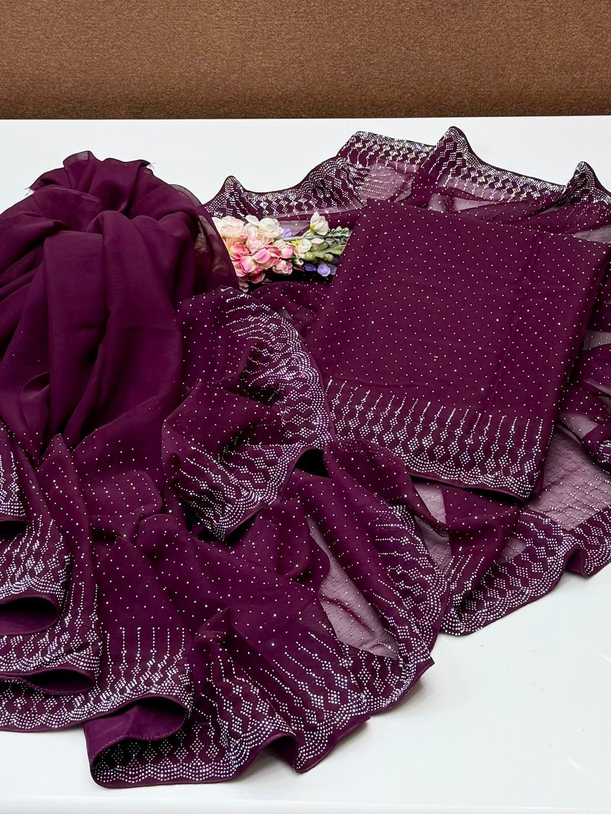 Sequence Pasting Stone Saree | Unstitched Blouse + Saree