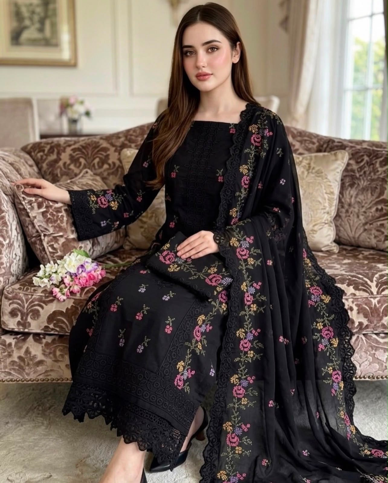 Cross Stitch & Chicken Kari Work | Unstitched Shirt Dupatta Trouser 3 Piece Dress