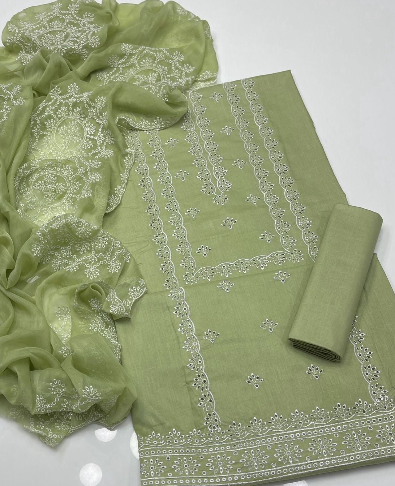 Cutt Work Embroidery | Unstitched Shirt Dupatta Trouser 3 Piece