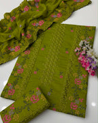 Cross Stitch & Chicken Kari Work | Unstitched Shirt Dupatta Trouser 3 Piece Dress
