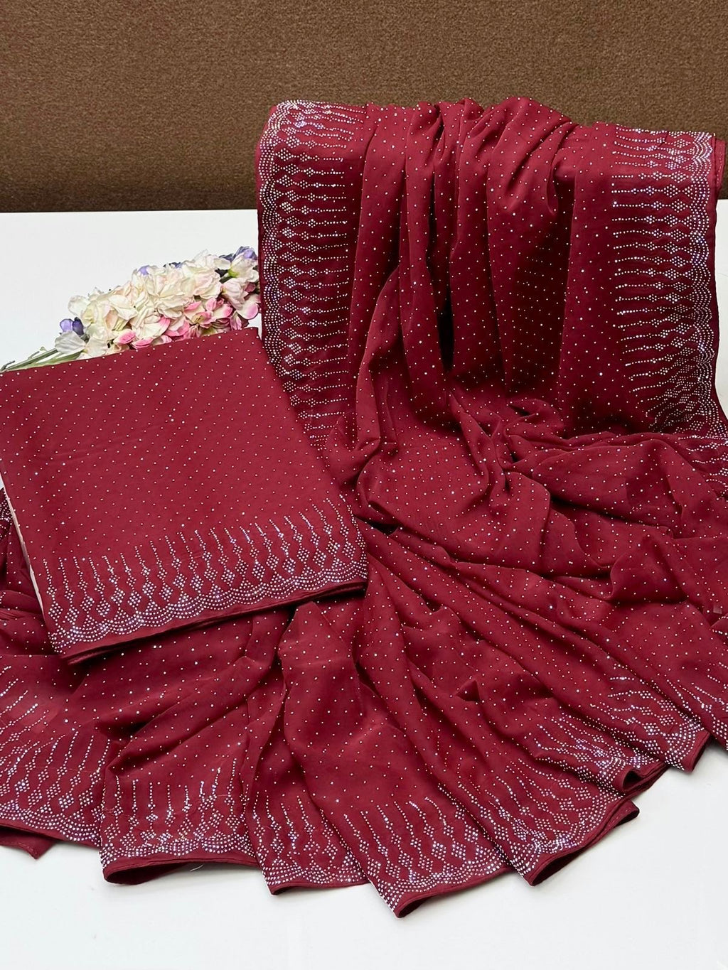 Sequence Pasting Stone Saree | Unstitched Blouse + Saree