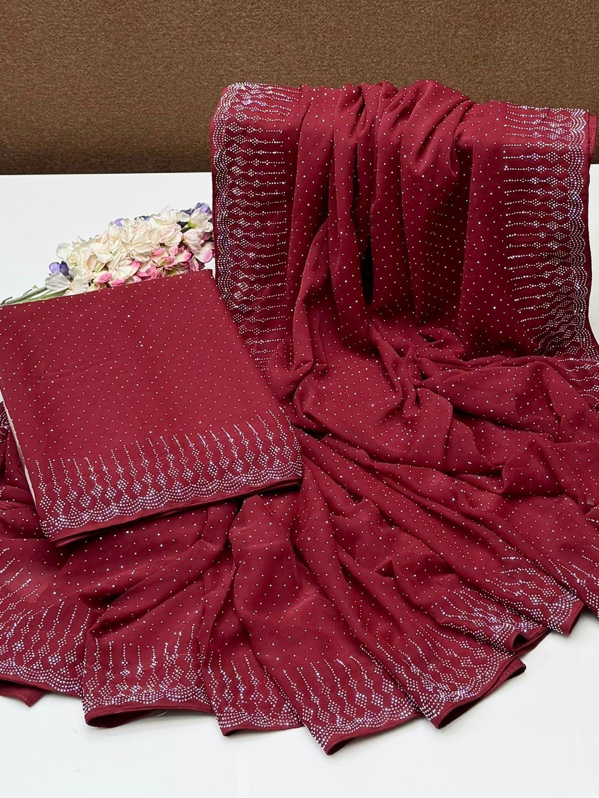 Sequence Pasting Stone Saree | Unstitched Blouse + Saree