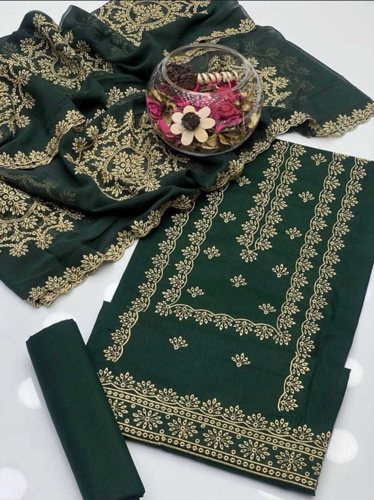 Cutt Work Embroidery | Unstitched Shirt Dupatta Trouser 3 Piece
