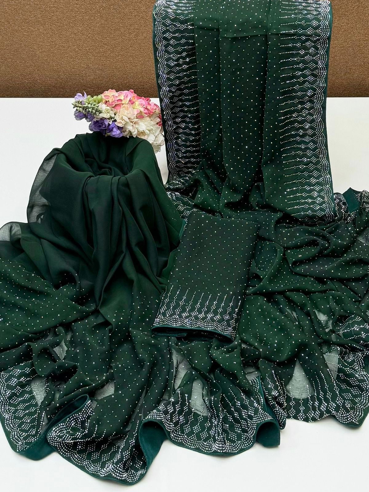 Sequence Pasting Stone Saree | Unstitched Blouse + Saree