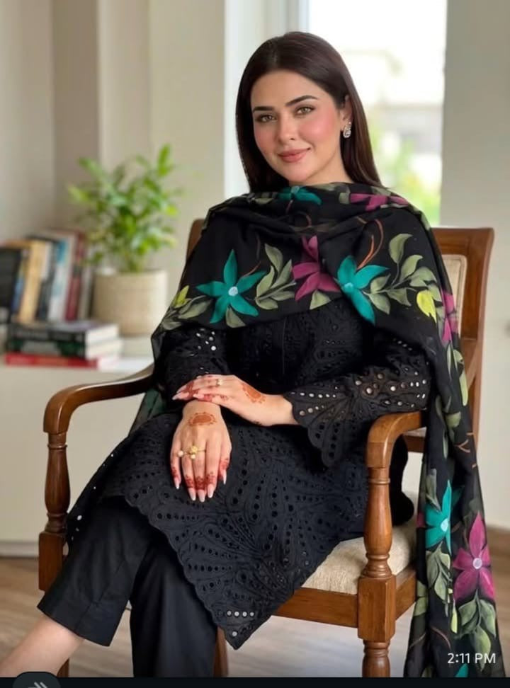 Black Chicken Kari | Unstitched Shirt Dupatta Trouser 3 Piece Dress