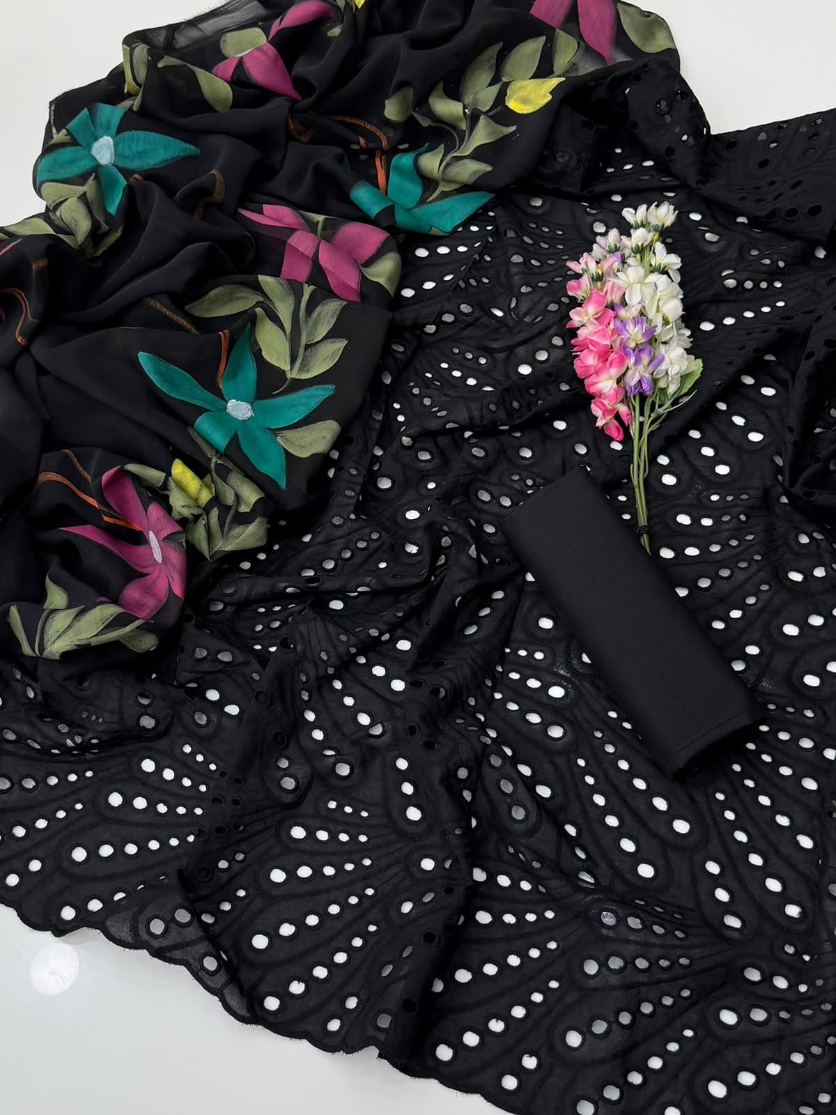 Black Chicken Kari | Unstitched Shirt Dupatta Trouser 3 Piece Dress