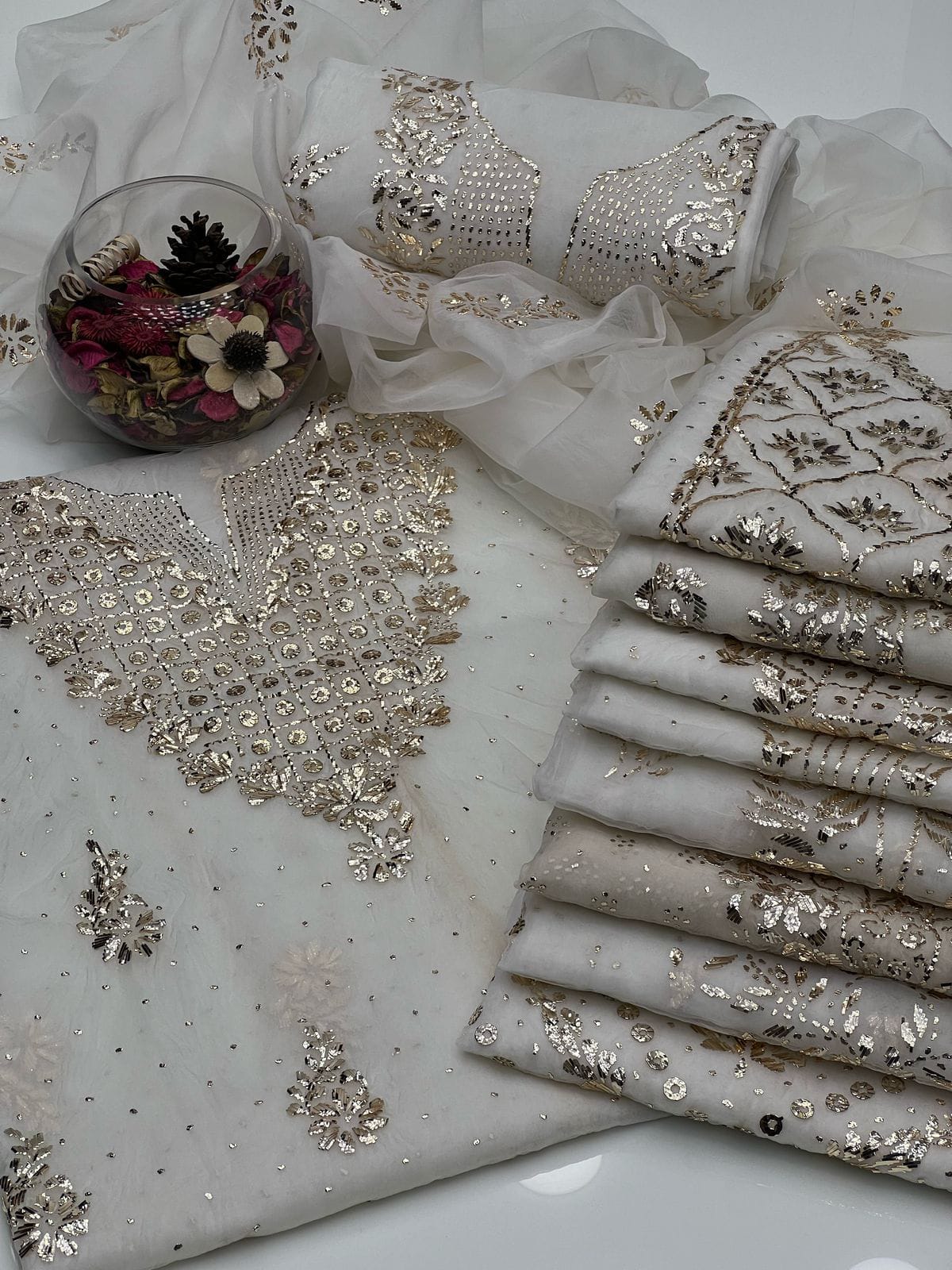 Golden Mukesh Organza ( Dyeable ) | Unstitched 2 Piece