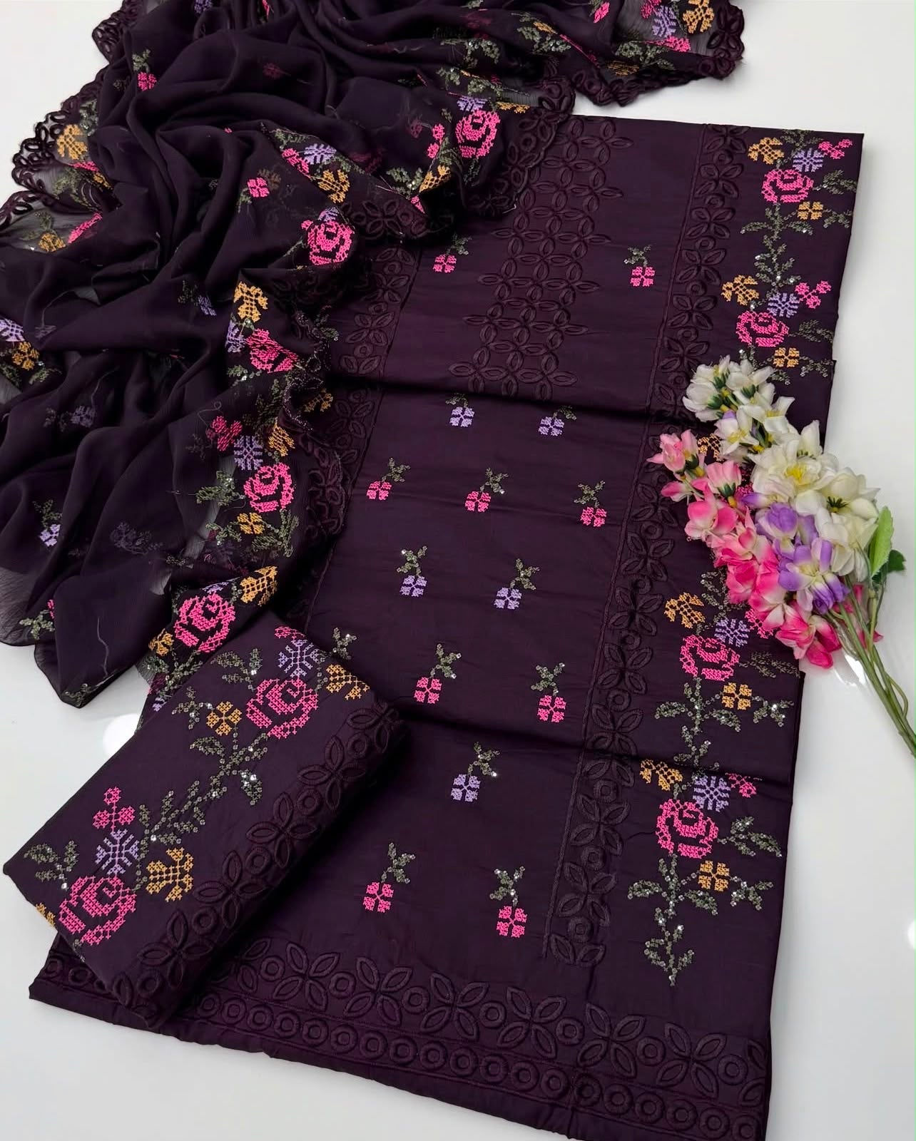 Cross Stitch & Chicken Kari Work | Unstitched Shirt Dupatta Trouser 3 Piece Dress