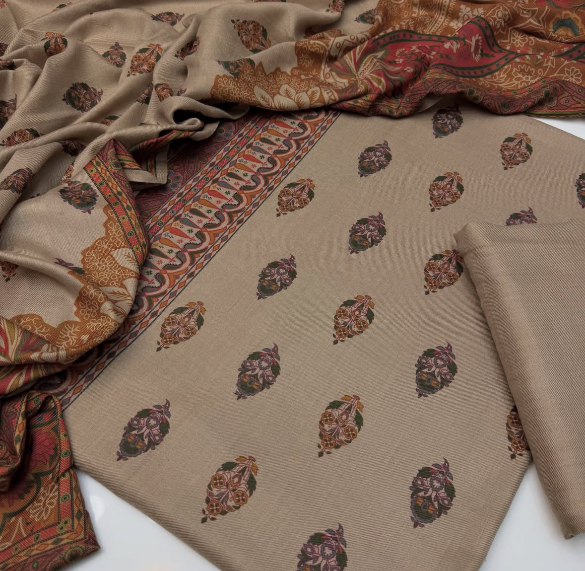 Pure Pashmina Wool | Unstitched Shirt Dupatta Trouser 3 Piece