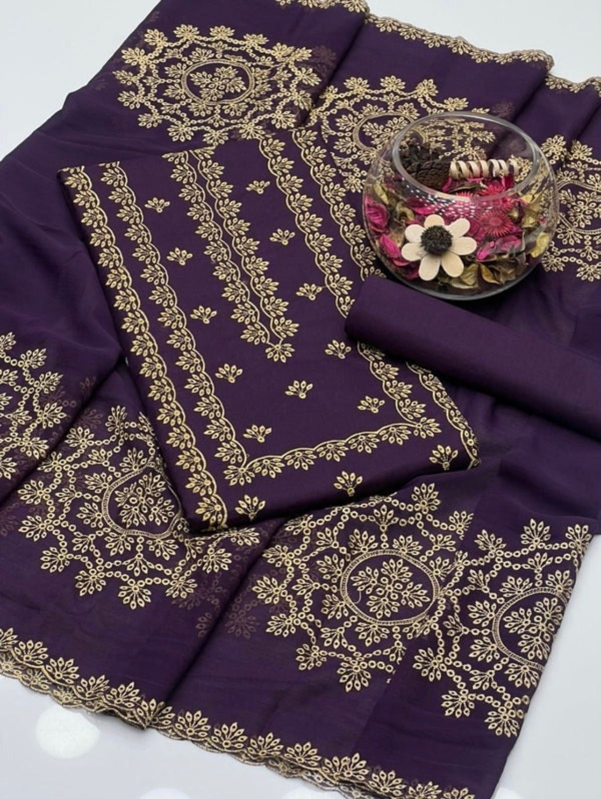 Cutt Work Embroidery | Unstitched Shirt Dupatta Trouser 3 Piece