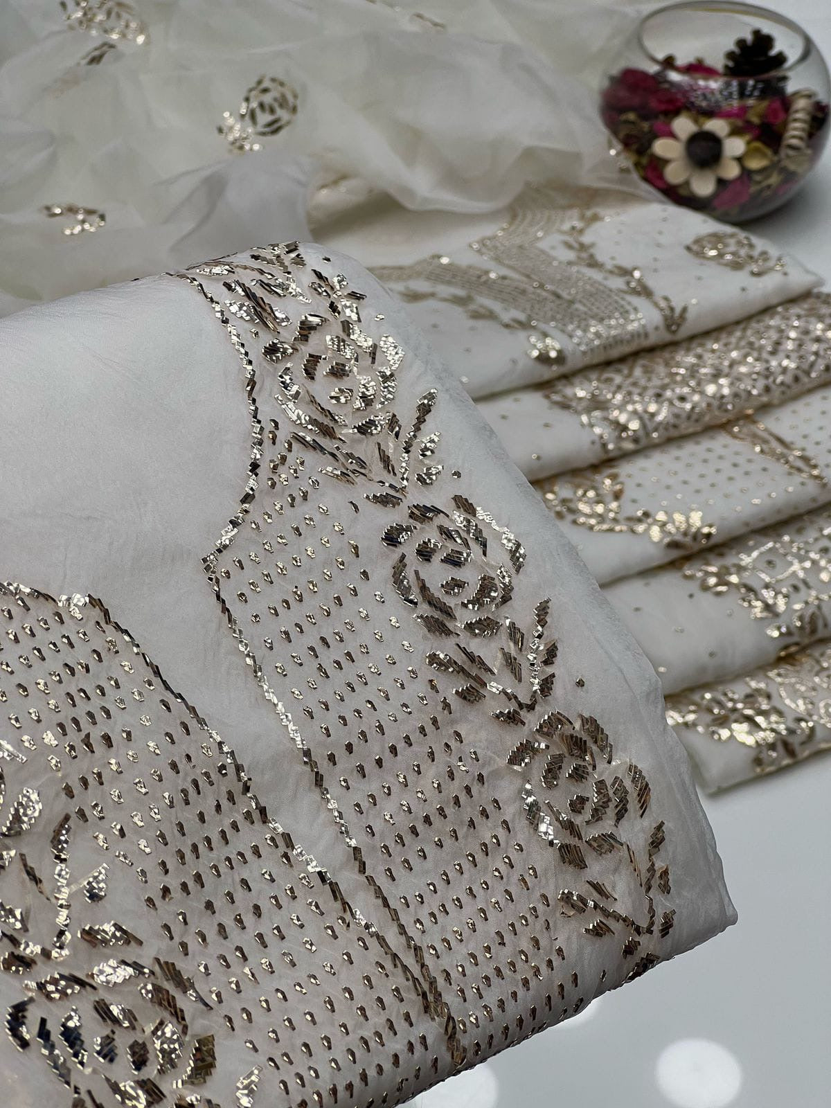 Golden Mukesh Organza ( Dyeable ) | Unstitched 2 Piece