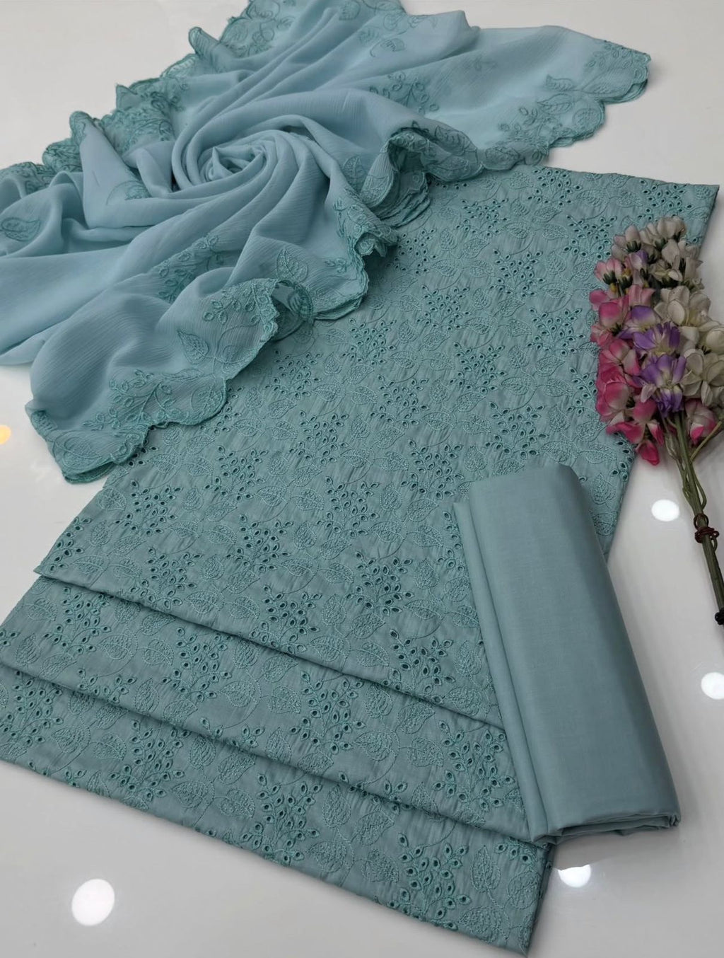 Shiffle Chicken Kari Work | Unstitched Shirt Dupatta Trouser 3 Piece
