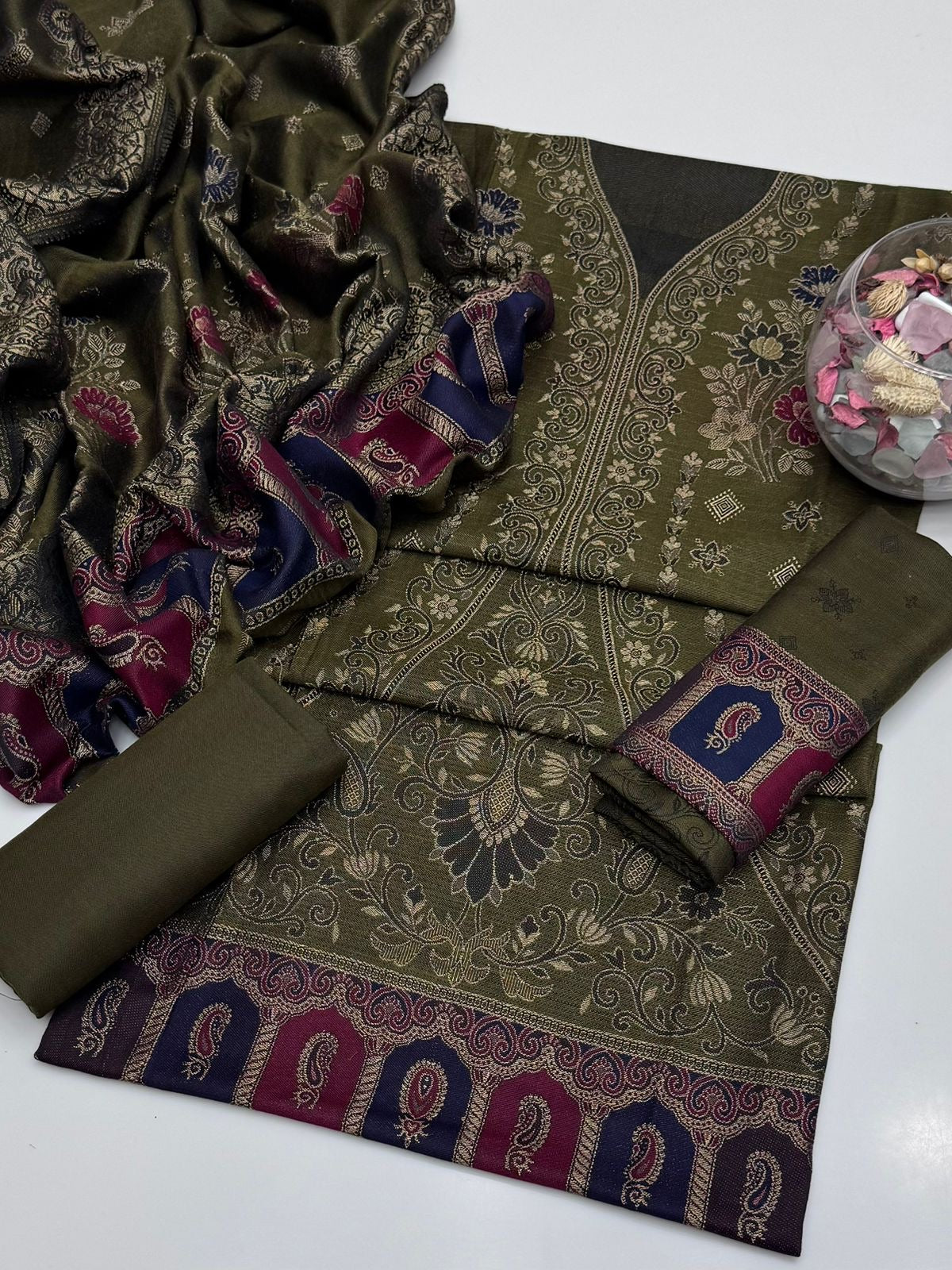 Pashmina Wool Jacquard | Unstitched Shirt Dupatta Trouser 3 Piece