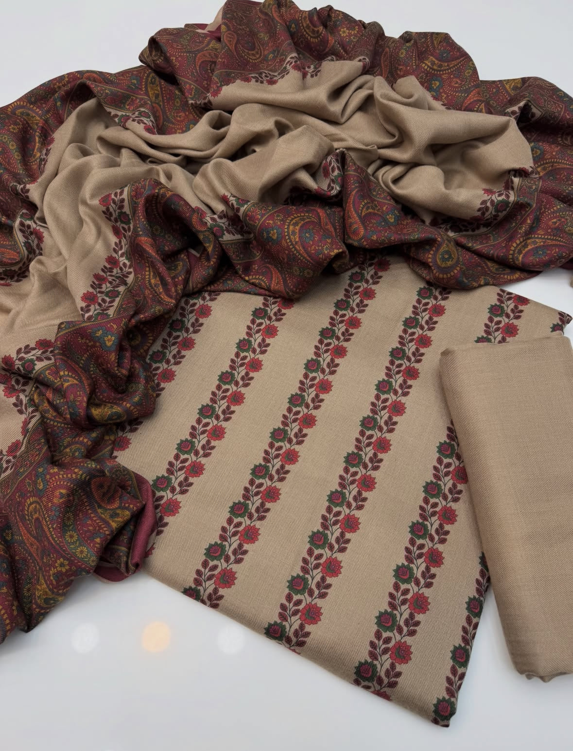 Pure Pashmina Wool | Unstitched Shirt Dupatta Trouser 3 Piece
