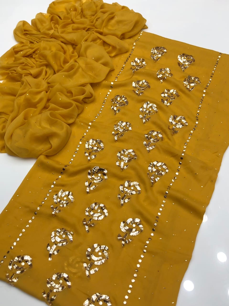 Heavy Golden Flower Mukesh Work | Unstitched 2 Piece